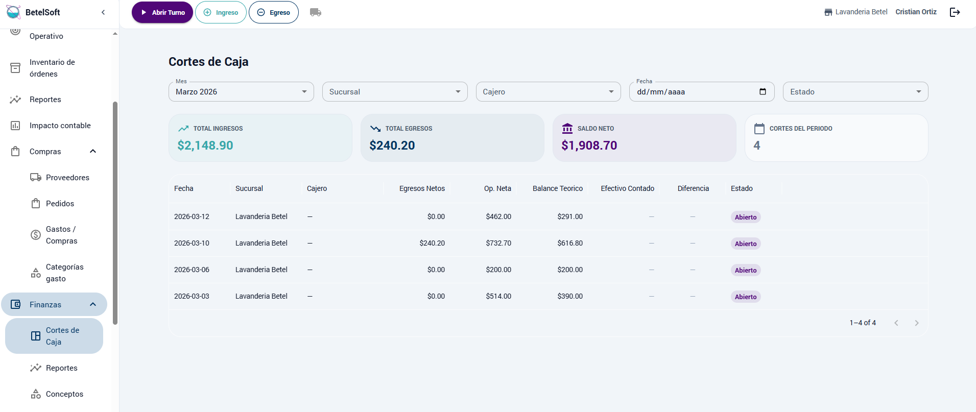 Cortes de caja con ingresos, egresos, saldo neto y filtros