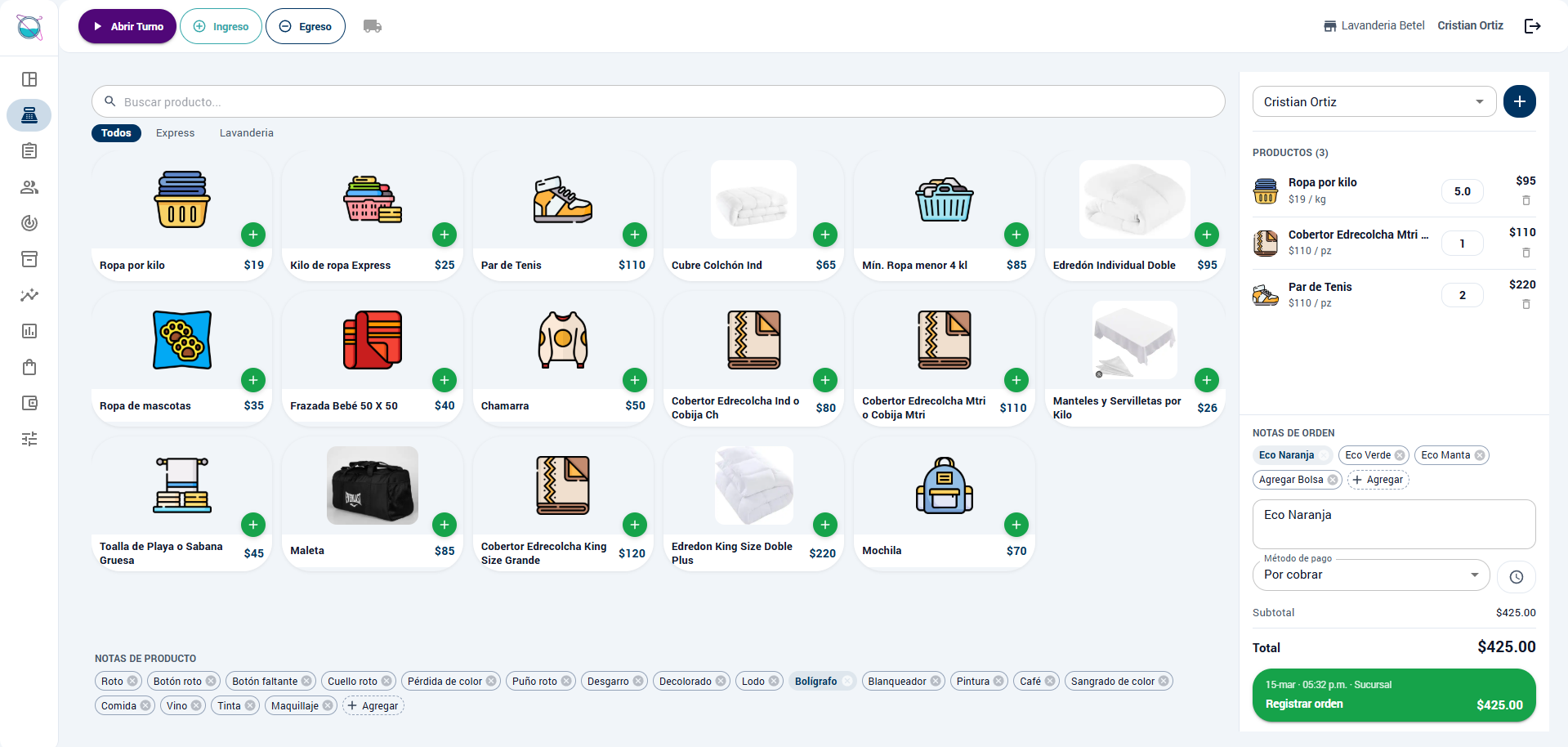 Punto de venta BetelSoft mostrando productos, carrito y notas de orden