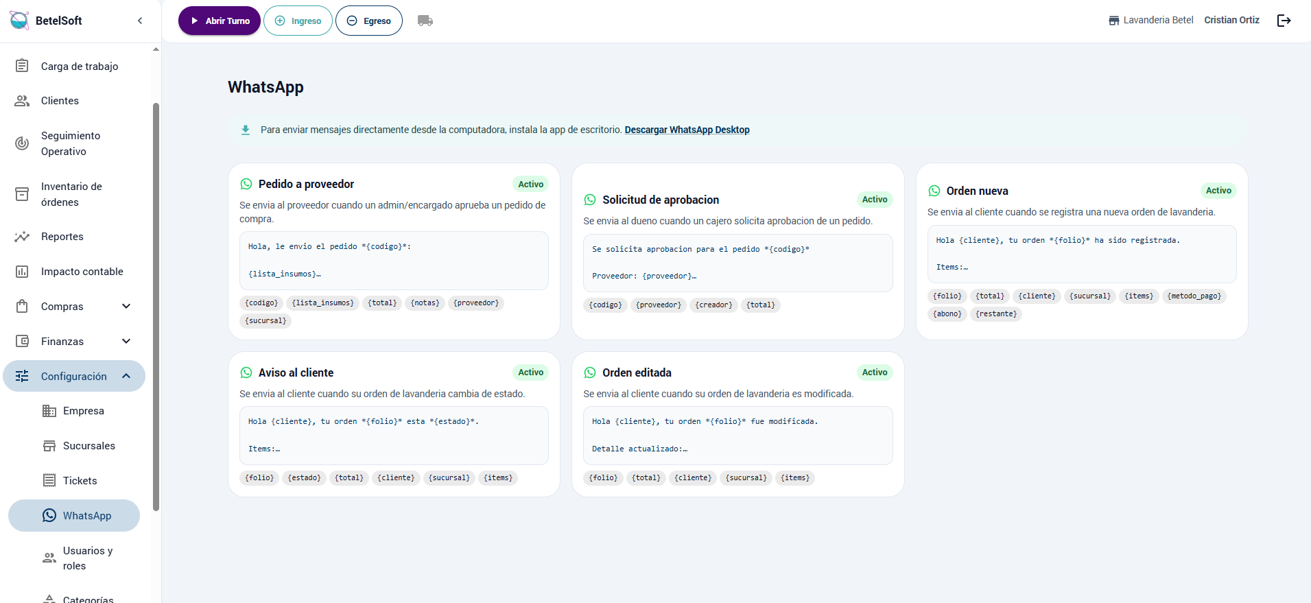 Configuración de plantillas de mensajes WhatsApp